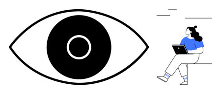Large black and white eye symbol next to person sitting with laptop. Ideal for concepts of surveillance, online privacy, awareness, technology use, digital security, observation, watchfulness. Lineのイラスト素材