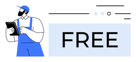 Worker in blue uniform and cap uses digital tablet near large FREE sign with abstract geometric elements. Ideal for promotions, advertisements, tech interfaces, workforce management, software trialsのイラスト素材