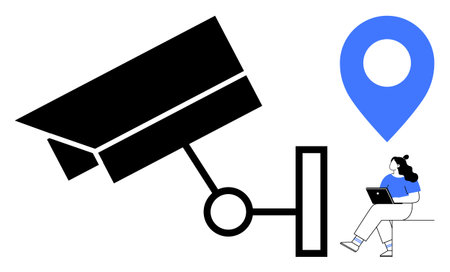 Surveillance camera monitoring a woman working on a laptop alongside a blue location pin icon. Ideal for security, surveillance, privacy concerns, location tracking, technology, work-from-homeのイラスト素材