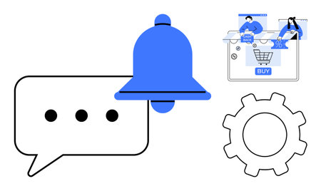 Speech bubble with three dots, bell notification, shopping cart on screen, gear icon. Ideal for social media, communication, e-commerce, notifications, settings online shopping digital marketingのイラスト素材