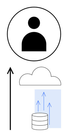 Circular user icon upward arrow, cloud symbol, and stacked disks indicate data access and cloud storage. Ideal for technology, connectivity, data management, cloud services, digital security, userのイラスト素材