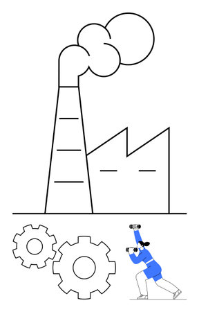 Factory building emitting smoke with gears and a worker using a hammer. Ideal for industrialization,...
