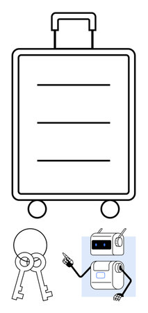 Modern suitcase with wheels and handle keys, and a chatbot robot. Ideal for travel, security, technology integration, convenience, innovation, digital assistance, and smart devices. Line metaphorのイラスト素材