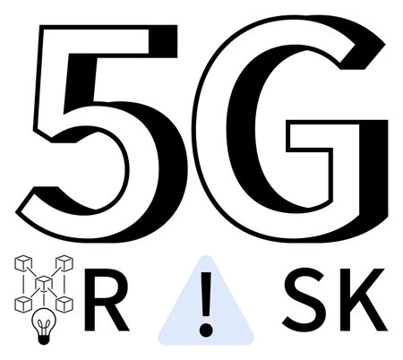 5G prominently displayed with RISK and blockchain icon. Exclamation mark symbol in a triangle indicating caution. Ideal for technology, cybersecurity, network, internet safety, risk managementのイラスト素材