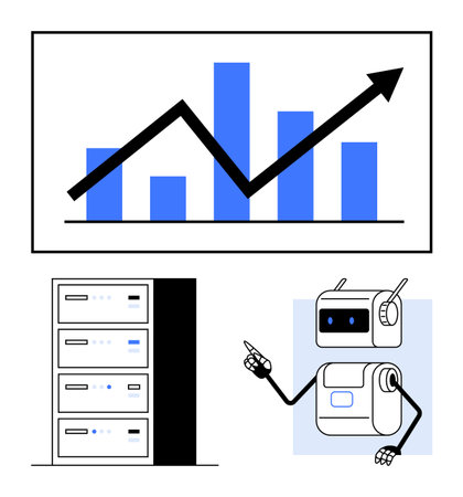 Growth chart with arrow and bars server rack, robot with raised arm. Ideal for data analytics, technology, automation, AI, growth, progress, robotics. Line metaphorのイラスト素材