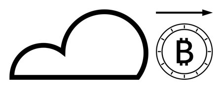 Cloud icon with arrow pointing to Bitcoin symbol within circular frame. Ideal for technology, fintech, cloud computing, digital investments, blockchain solutions, decentralized financeのイラスト素材