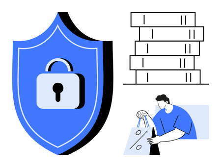 Blue shield with padlock, stacked data servers, person holding shopping bags with percentage sign. Ideal for online security, data protection, e-commerce, discounts, digital safety, consumerのイラスト素材