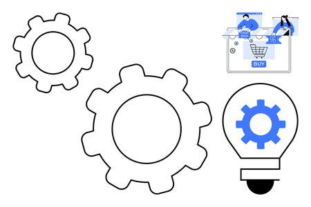 Three interlocking gears, lightbulb symbol with blue gear, laptop with shopping cart and two shoppers. Ideal for technology, e-commerce, business strategy, innovation, online shopping, teamworkのイラスト素材