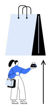 Shopping bag and figure holding item with bold blue and black palette. Ideal for retail, consumer behavior, fashion trends, modern lifestyle, minimalism, upward growth, customer engagement. Lineのイラスト素材