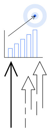 Bar graph with an arrow hitting a target, alongside four ascending arrows. Ideal for business growth, success, progress, performance, goal achievement, strategy and data analysis themes. Lineのイラスト素材