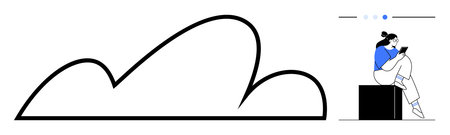 Person with bun hairstyle wearing blue top sits on a black cube, using a tablet next to a minimalist cloud drawing. Ideal for technology, cloud computing, remote work, digital life, personal gadgetsのイラスト素材