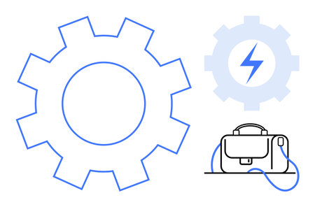 Gear icon, smaller gear with lightning bolt, and briefcase symbolizing work, planning, productivity, and electrical energy. Ideal for business, engineering, planning, project management, technologyのイラスト素材