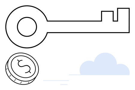 Key next to coin with dollar sign and cloud in background. Ideal for financial growth, business opportunities, investments, wealth management, savings strategies, economic concepts, financialのイラスト素材