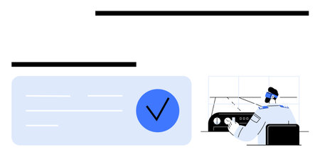 Security guard oversees control panel from a modern dashboard interface featuring check mark approval. Ideal for security, safety management, surveillance, approval processes, authentication, userのイラスト素材