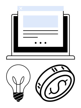 Laptop with webpage, light bulb, and dollar coin. Ideal for business strategy, marketing, finance technology innovation startups ideas. Line metaphor. Line metaphor. Simple line iconsのイラスト素材