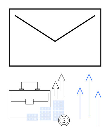 Envelope above briefcase, bar graph, dollar coin, and upward arrows. Ideal for business communication, finance, investment, economic growth, email marketing professional correspondenceのイラスト素材