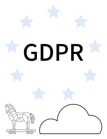 GDPR text surrounded by blue stars with a Trojan horse beside a cloud. Ideal for data security, privacy policies, regulatory compliance, law, cyber security, cloud computing, education. Line metaphorのイラスト素材