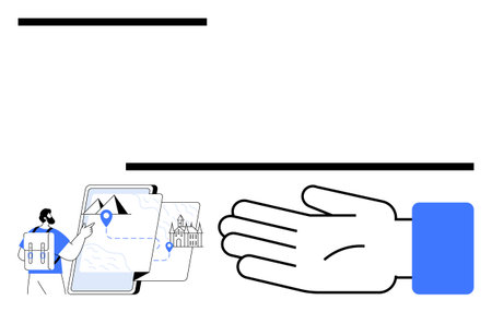 Man with backpack touching tablet, map and location icons indicating navigation, landmark sketch. Large hand to right provides metaphor for assistance. Ideal for travel, navigation, technologyのイラスト素材