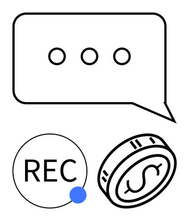 Chat bubble with ellipsis, recording button with blue dot, and coin with dollar sign. Ideal for communication, finance, recording, business, media technology user interface. Line metaphorのイラスト素材