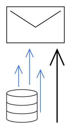 Database icon with upward arrows pointing to an envelope, showcasing data transfer towards email delivery. Ideal for data migration, communication, information exchange, cloud storage, technologyのイラスト素材