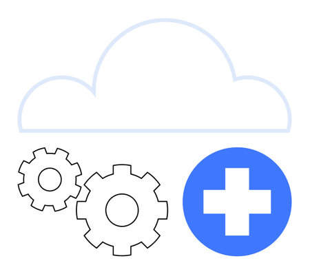 Large cloud, two gears, and blue medical cross. Ideal for technology, cloud services, automation, healthcare, digital security data management IT support. Line metaphorのイラスト素材