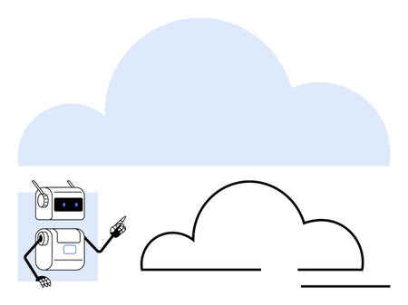 Robot with antenna arms pointing at cloud symbol emphasizing connectivity, AI, and data storage. Ideal for technology, automation, AI, data management, digital transformation, innovation. Lineのイラスト素材
