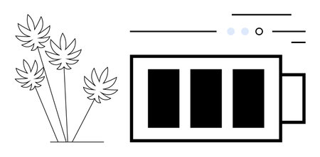 Simplified battery icon with three black bars, adjacent plant elements, abstract lines, and dots....