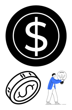 Dollar coin symbol within circle, perspective coin with dollar sign, person holding lightbulb. Ideal for finance, innovation, investment, savings, business strategy, entrepreneurial ideas economicのイラスト素材