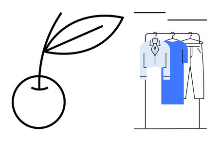 Cherry with two leaves drawn in black lines alongside clothing on a rack with shirts and pants. Ideal for fashion, retail, nature, lifestyle, minimalism, home decor, modern graphic design. Lineのイラスト素材