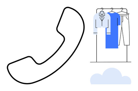 Phone handset with clothes on a hanger including jackets and pants, and a cloud below. Ideal for customer service, retail, online shopping, communication, clothing stores, support, contact servicesのイラスト素材