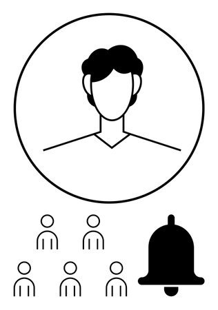 Circular user profile with six group icons and a bell notification symbol. Ideal for user management, social networking, communication, team collaboration, online communities, notificationsのイラスト素材