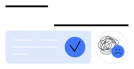 Check mark in blue circle alongside scribbled mess over sad face. Ideal for mental health, decision-making, stress management, problem-solving, productivity, emotional well-being, positiveのイラスト素材