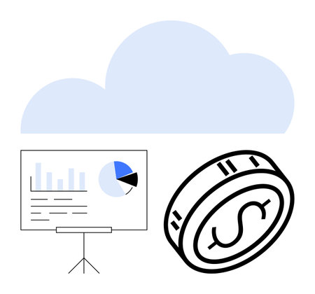 Business presentation board with bar graphs and pie chart, coin with dollar sign, cloud symbol. Ideal for finance, cloud storage, data analysis, business presentations, financial growth, technologyのイラスト素材