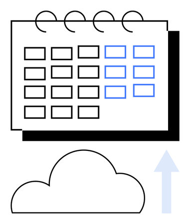 Calendar with rectangular days highlighted in blue and upload arrow going through cloud. Ideal for scheduling, planning, organization, productivity, time management, cloud services, onlineのイラスト素材
