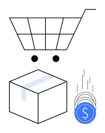 Shopping cart, shipping box, and falling blue coins with dollar signs representing online shopping, delivery, and payment. Ideal for e-commerce, financial transactions, retail, logistics digitalのイラスト素材