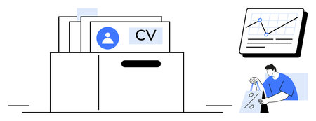 Drawer filled with CVs beside data chart and man scrutinizing resumes. Ideal for HR, recruitment, job searching, data analysis, employment, business management, career development. Line metaphorのイラスト素材