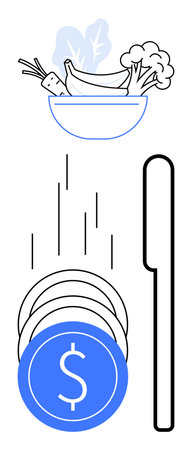 Bowl of vegetables above stacked coins and dollar sign with a vertical bar indicating cost analysis. Ideal for budgeting, financial planning, healthy eating, nutrition, cost management, wellnessのイラスト素材