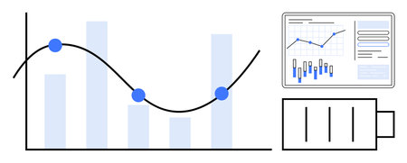 Bar chart with overlaying line graph with data points, battery icon, and dashboard interface. Ideal...