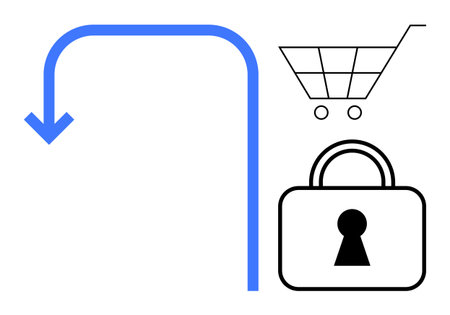 Shopping cart and padlock connected by downward arrow. Ideal for e-commerce, cybersecurity, secure transactions, online shopping, data protection, internet safety, user privacy. Line metaphorのイラスト素材