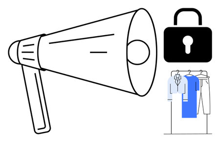Megaphone projecting announcements near padlock icon and clothing on hangers. Ideal for marketing, security, fashion industry, retail promotion, business communication, advertising, online salesのイラスト素材