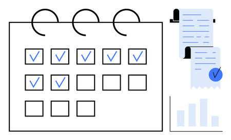 A planner is displayed with several checkmarks indicating completed tasks. Nearby, there are two documents with a check symbol and bar graph indicating data analysis. Ideal for organizationのイラスト素材