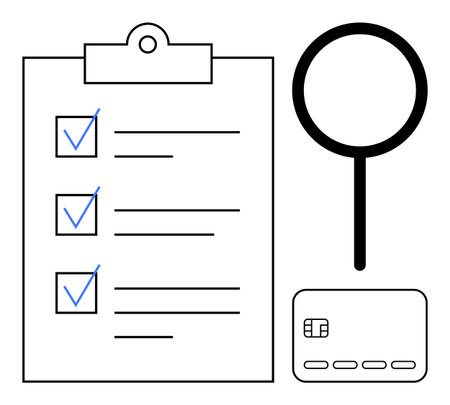Checklist with checkmarks on clipboard, large magnifying glass, credit card. Ideal for financial audits, project management, personal finance, compliance review, security check, research to-doのイラスト素材