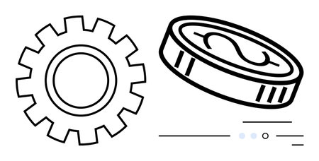Gear with circular center and coin with dollar sign, accompanied by line accents. Ideal for technology, finance, business growth, investments, economics, productivity, and mechanical concepts. Lineのイラスト素材