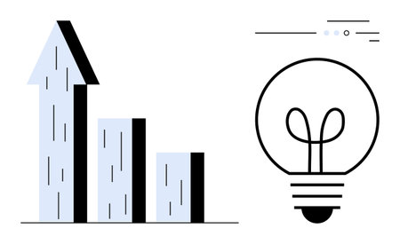 Bar graph with upward arrow indicating growth next to a light bulb signifying innovation. Ideal for business success, progress, entrepreneurship, marketing strategies, data analysis, creative ideasのイラスト素材