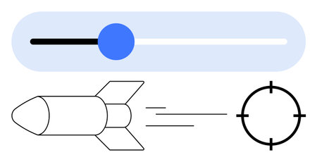Missile flying towards target, progress bar with blue marker indicating progress. Ideal for technology, progress, improvement, military, project development, tracking goal setting. Line metaphorのイラスト素材