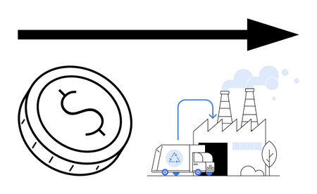 Black coin with dollar sign, factory with recycling truck, and rightward arrow. Ideal for finance, recycling, circular economy, manufacturing, sustainability business growth economic trends. Lineのイラスト素材