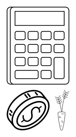 Large calculator above a dollar coin and carrot. Ideal for financial planning, budgeting, healthy living, personal finance, money management, financial education, wellness. Line metaphorのイラスト素材