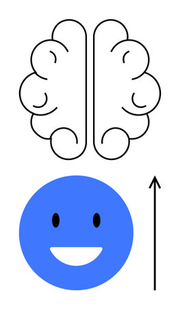 Brain outline blue happy face upward arrow. Ideal for mental health, positivity, growth, optimism,...