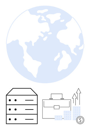 Globe symbolizing global reach, stack of servers for data management, briefcase for business, growth charts, and dollar coin. Ideal for business expansion, global markets, financial planning, dataのイラスト素材