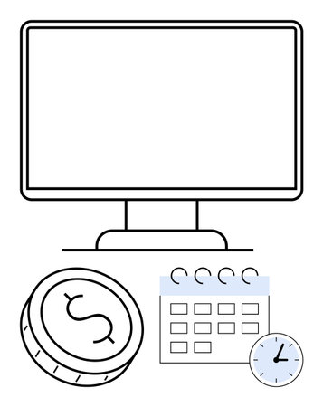 Computer screen along with calendar, clock, dollar coin. Ideal for productivity, business scheduling, financial management, project planning, time tracking budgeting digital workspace. Lineのイラスト素材
